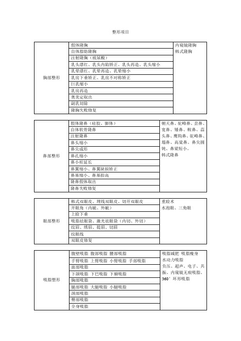 整形项目分类