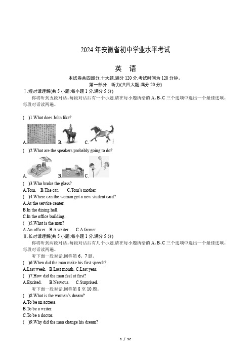 2024年安徽省初中学业水平考试中考英语试卷(真题+答案)