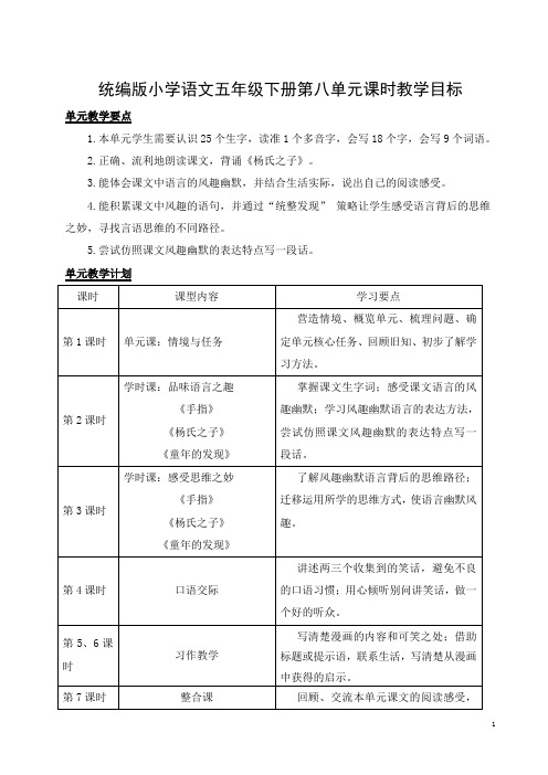 部编版语文五年级下册第八单元单元课时教学目标