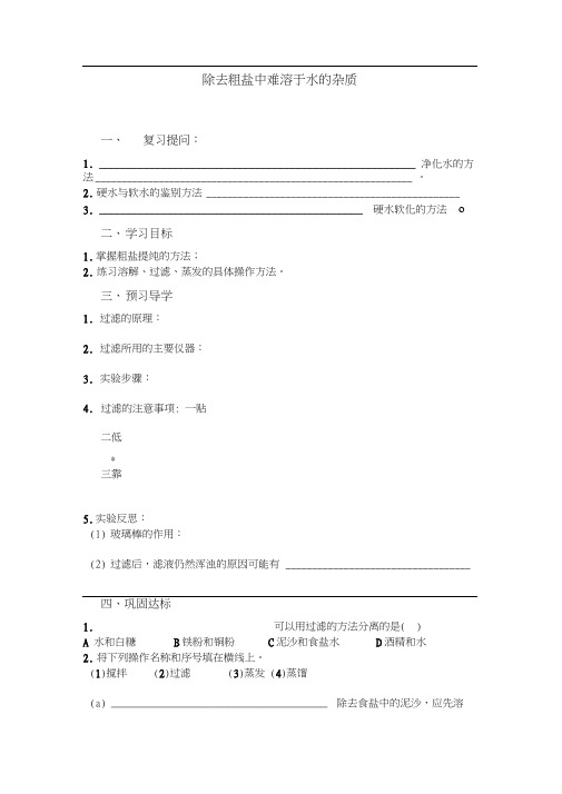 人教版初三化学下册粗盐中难溶于水杂质的去除