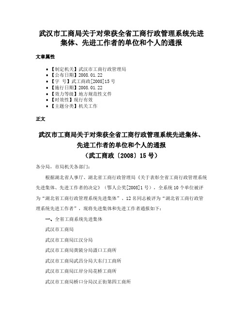 武汉市工商局关于对荣获全省工商行政管理系统先进集体、先进工作者的单位和个人的通报