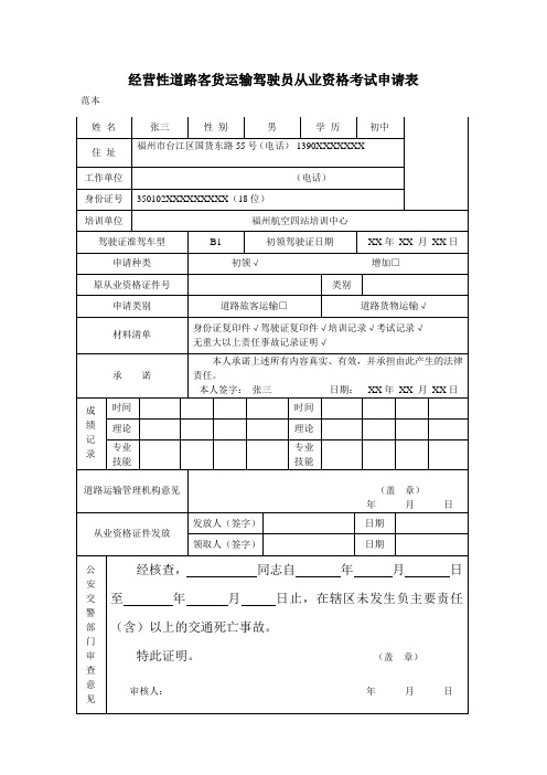 经营性道路客货运输驾驶员从业资格考试申请表.