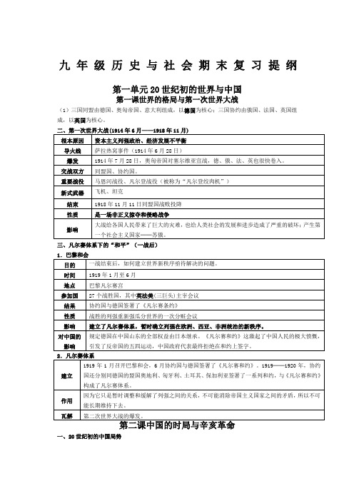 人教版九上历史与社会复习提纲直接打印印刷版本