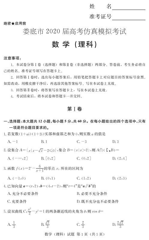 湖南省娄底市2020届高三高考仿真模拟考试数学(理科)试题及答案解析