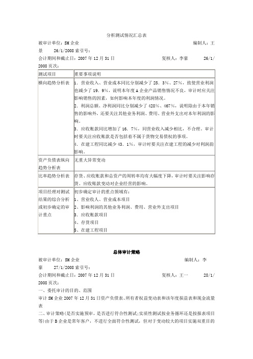 分析测试情况汇总表