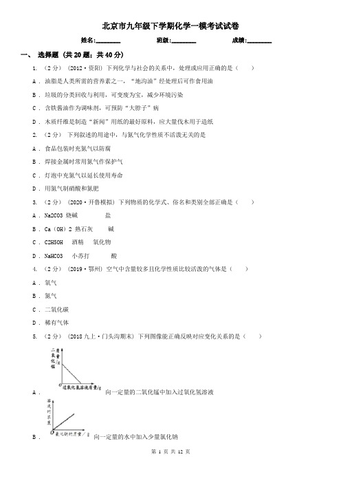 北京市九年级下学期化学一模考试试卷