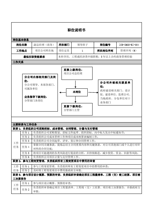 项目公司副总经理(商务)职位说明书