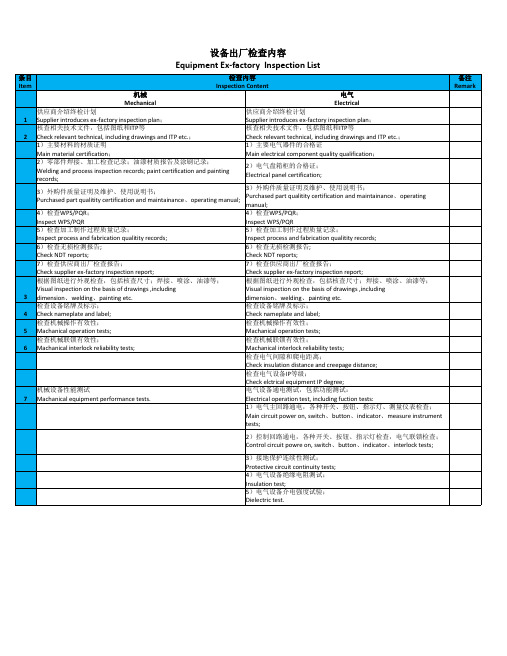 设备出厂检查内容equipment ex-factory check list