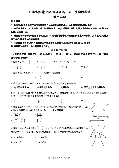 山东省济南市山东省实验中学2024届高三上学期第三次诊断考试数学试题