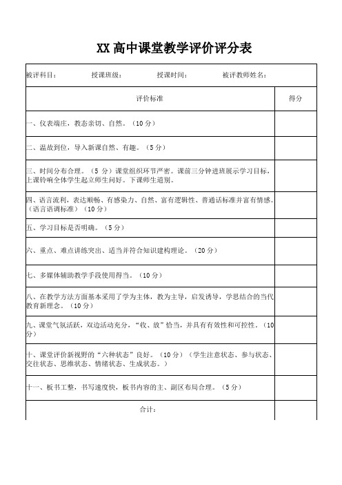 教师课堂评价打分表