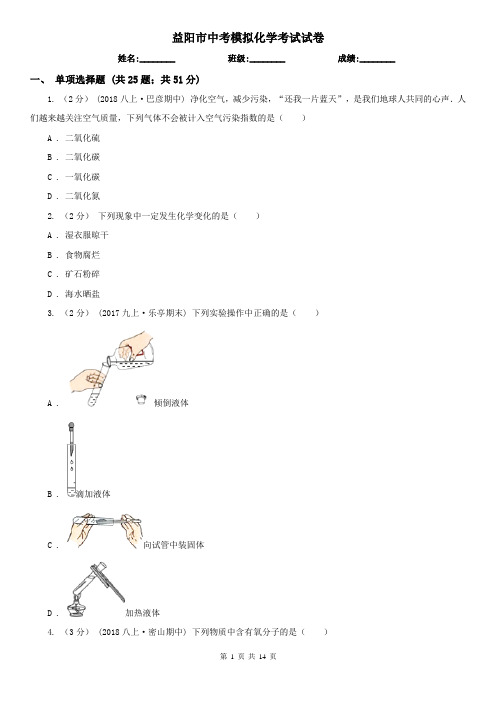 益阳市中考模拟化学考试试卷  