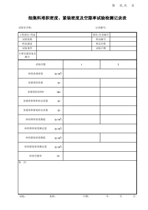 细集料堆积密度、紧装密度及空隙率试验检测记录表