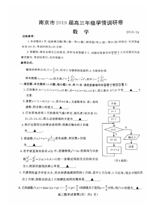 江苏南京市2019届0904高三年级学情调研卷(数学)与评分标准