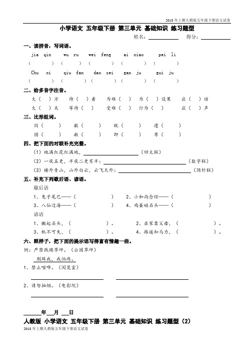 人教版五年级下册语文第三单元基础知识练习题型