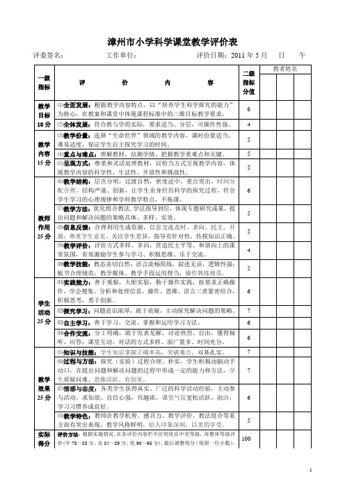 漳州市小学科学课堂教学评价表