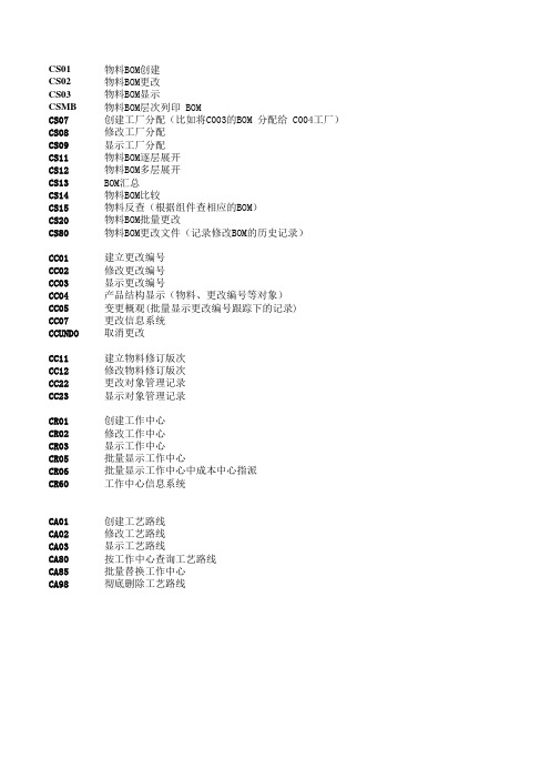 SAP PP主数据维护常用事务代码