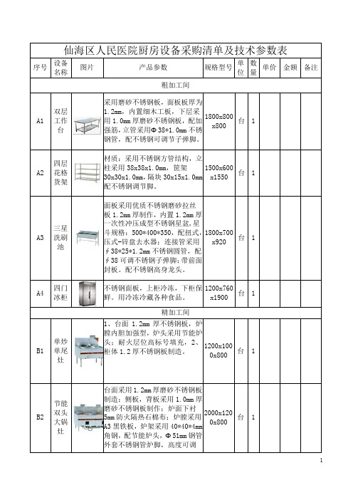 仙海区人民医院厨房设备采购清单及技术参数表