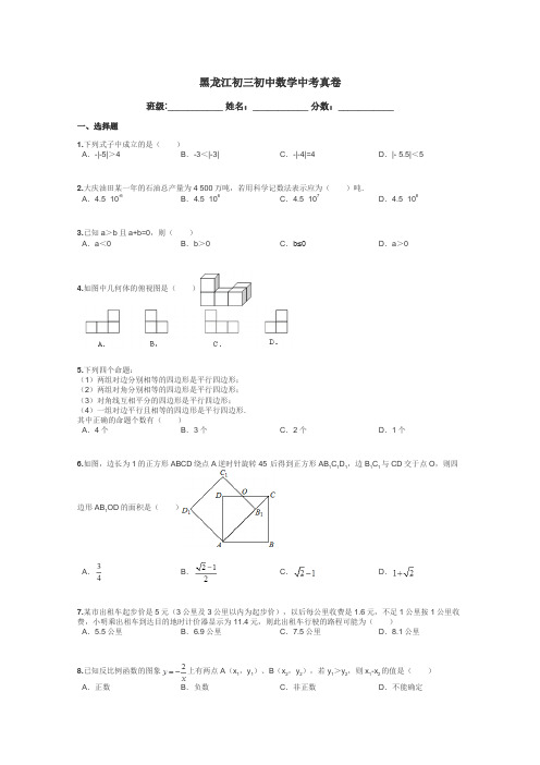 黑龙江初三初中数学中考真卷带答案解析
