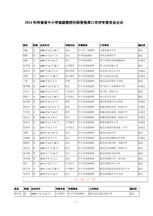 2014年河南省中小学高级教师任职资格周口市评审委员会公示