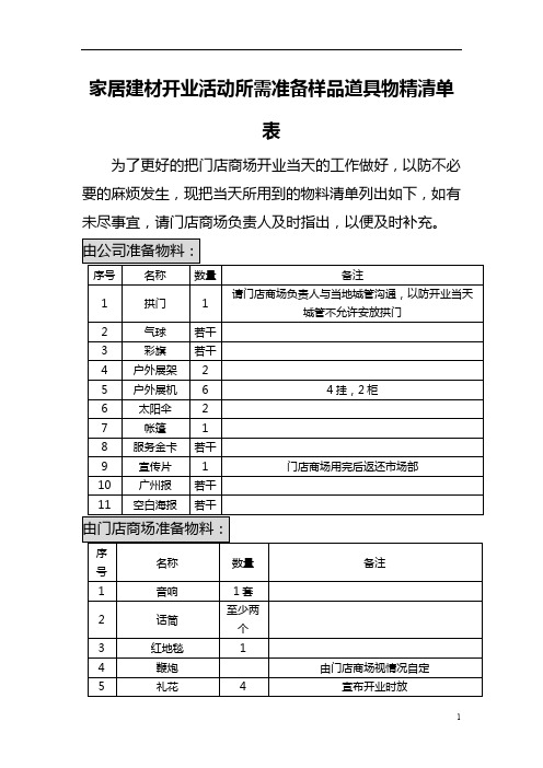 家居建材开业活动所需准备样品道具物精清单表