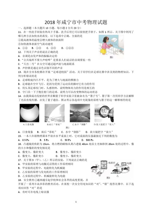 湖北省咸宁市2018年中考物理试题及答案  (word版)