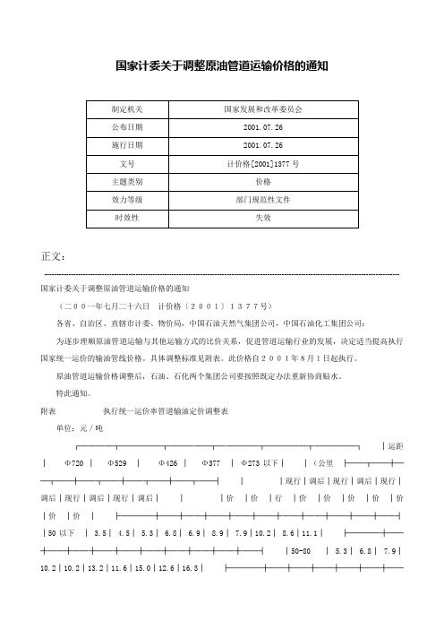 国家计委关于调整原油管道运输价格的通知-计价格[2001]1377号