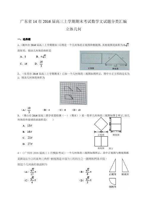 广东省14市2016届高三上学期期末考试数学文试题分类汇编：立体几何