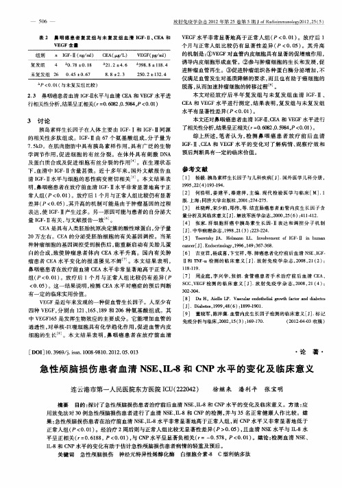 急性颅脑损伤患者血清NSE、IL-8和CNP水平的变化及临床意义