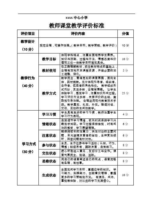 xxx小学教师课堂教学评价标准