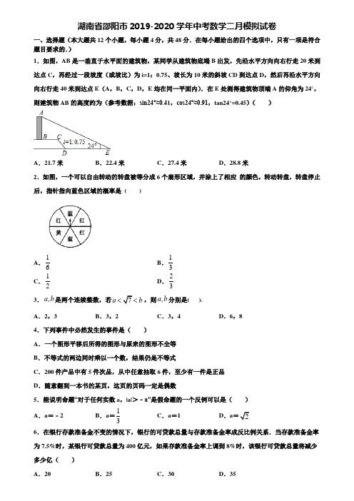 湖南省邵阳市2019-2020学年中考数学二月模拟试卷含解析