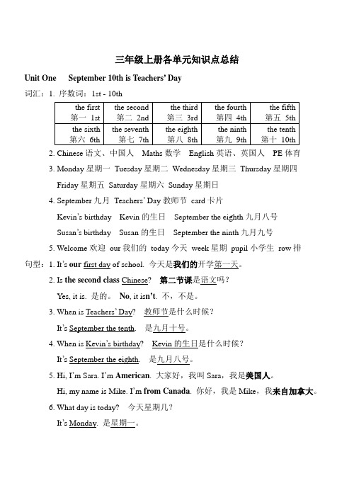 一年级起点英语三年级上册各单元知识点总结