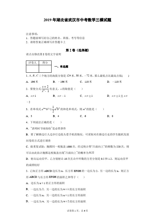 2019年湖北省武汉市中考数学三模试题