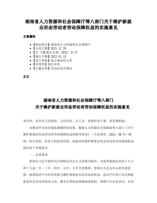 湖南省人力资源和社会保障厅等八部门关于维护新就业形态劳动者劳动保障权益的实施意见