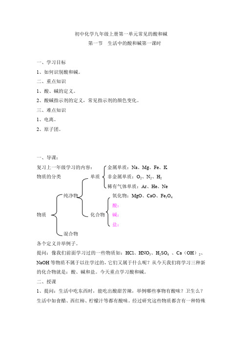 初中化学九年级上册第一单元常见的酸和碱