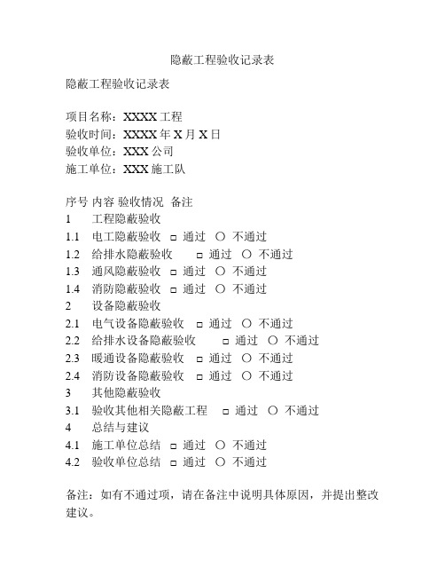 隐蔽工程验收记录表