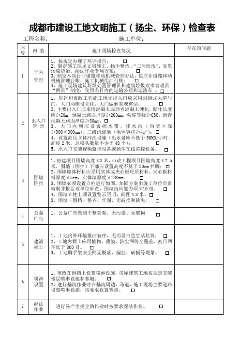 成都市区建筑工地文明施工(扬尘、环保)检查表