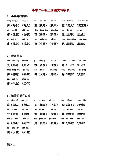 新人教版小学语文二年级上册写字表