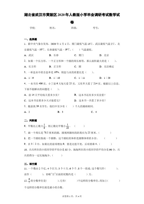 湖北省武汉市黄陂区2020年人教版小学毕业调研考试数学试卷(含答案解析)