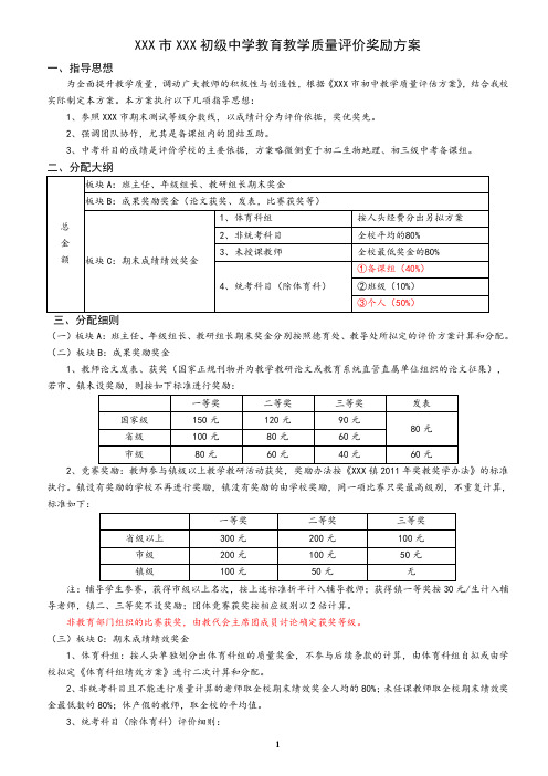 中小学教师教育教学质量评价奖励方案(期末绩效奖金分配方案)