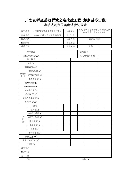 灌砂法测定压实度试验记录表