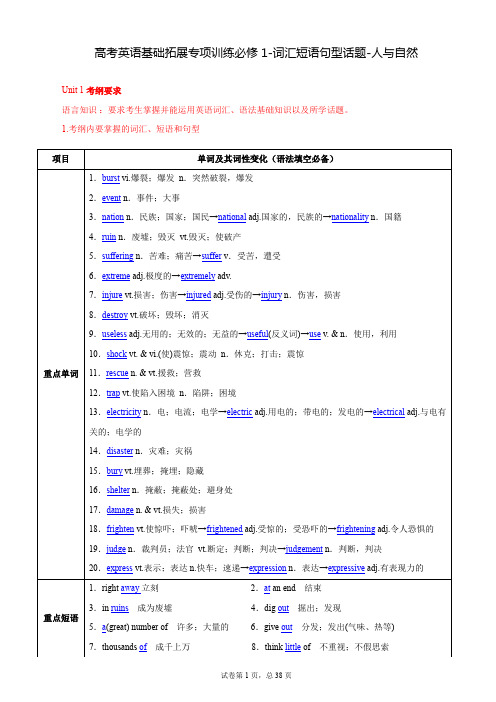 高考英语基础拓展专项训练必修1-词汇短语句型话题-人与自然