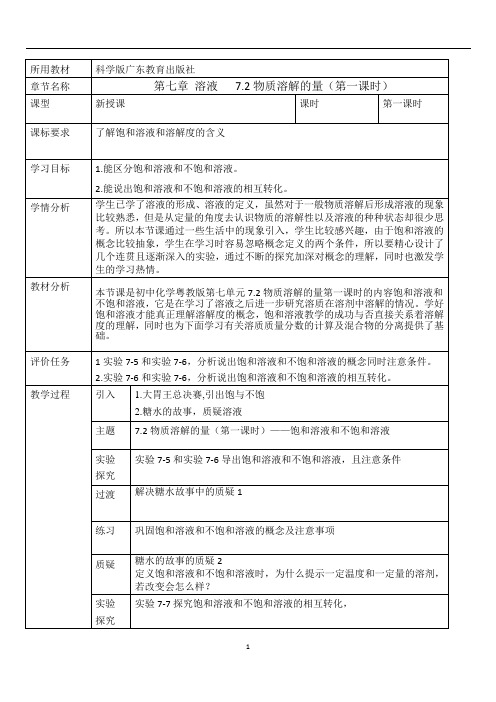 《7.2 物质溶解的量》教学设计下载(内蒙古县级优课)