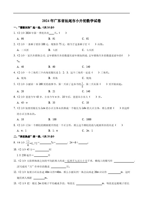 2024年广东省汕尾市小升初数学试卷(含答案)