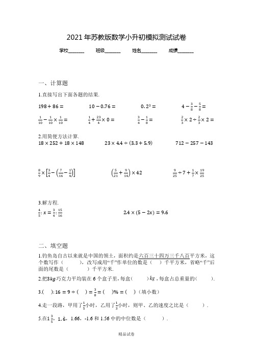 苏教版六年级数学小升初考试试题及答案解析