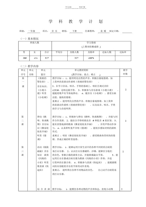 湘艺版新版一年级下册音乐学科教学计划