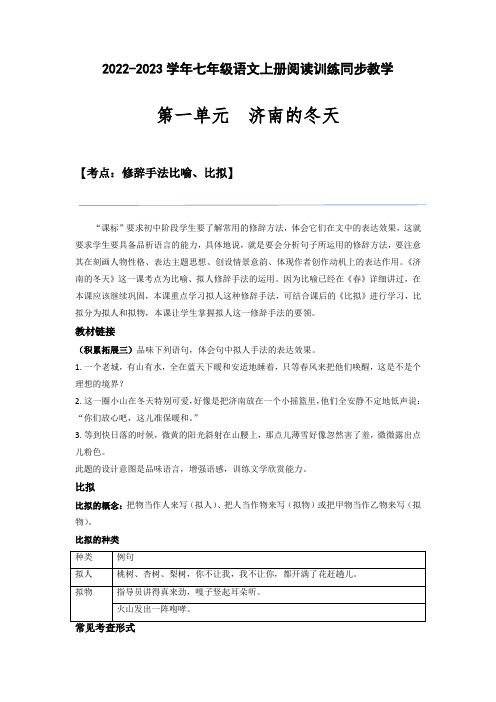 《济南的冬天》比喻、比拟手法-2022-2023学年七年级语文上册(解析版)