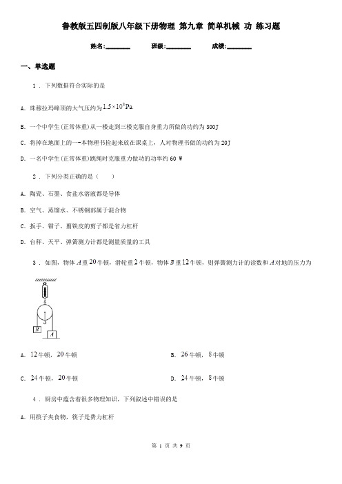 鲁教版五四制版八年级下册物理 第九章 简单机械 功 练习题