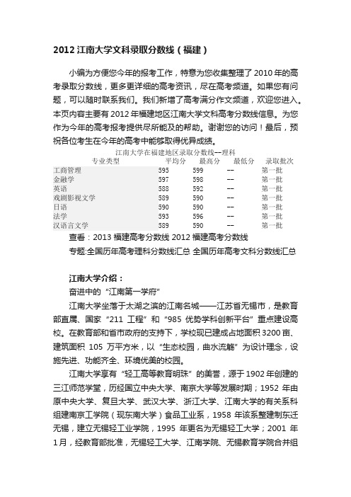 2012江南大学文科录取分数线（福建）