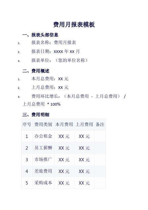 费用月报表模板