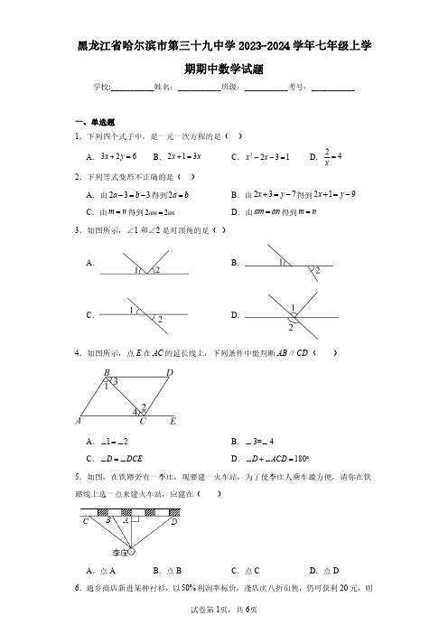 黑龙江省哈尔滨市第三十九中学2023-2024学年七年级上学期期中数学试题(含答案解析)